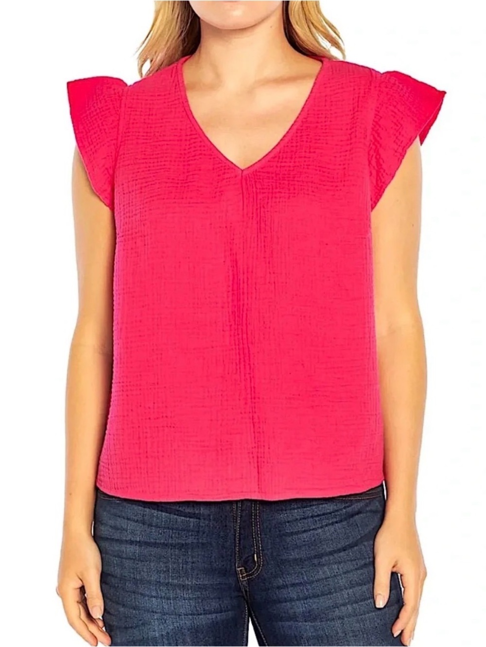 Three Dots Double Gauze Top Women’s Medium Pink V Neck Short Sleeve NWT